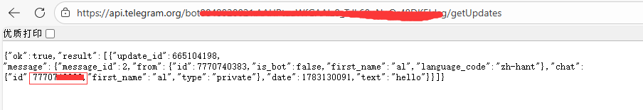浏览器访问 https://api.telegram.org/bot{你的Token}/getUpdates 查看 chat.id（群聊通常为负数，如 -1001234567890）